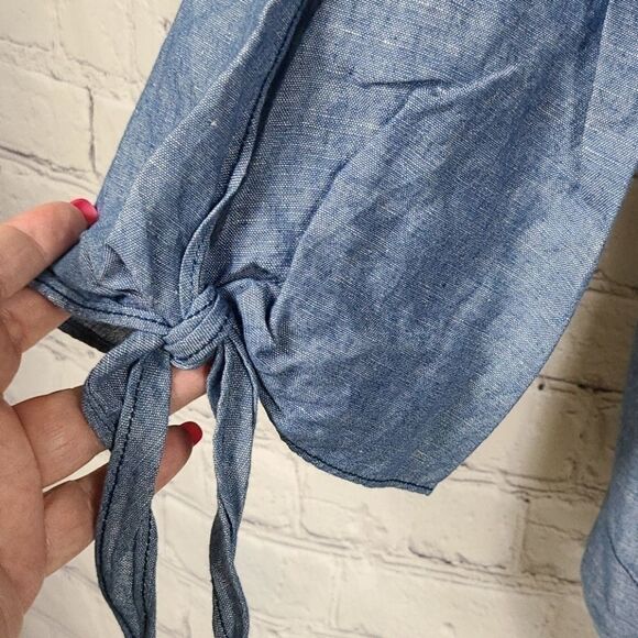 Free People Blue Linen Bow Sleeve Off the Shoulder Chambray Blouse Casual Top - Picture 5 of 8